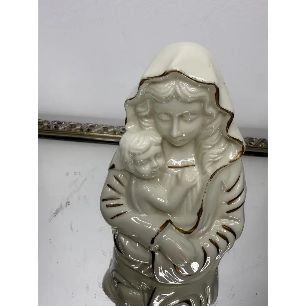 VTG MIKASA Madonna with Child Porcelain 5” Tall Figurine Ivory w/Gold Trim